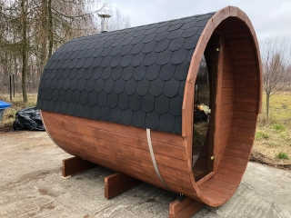 SD-250 Dřevěná sudová sauna 2,5m x 2,2m s příslušenstvím smrk